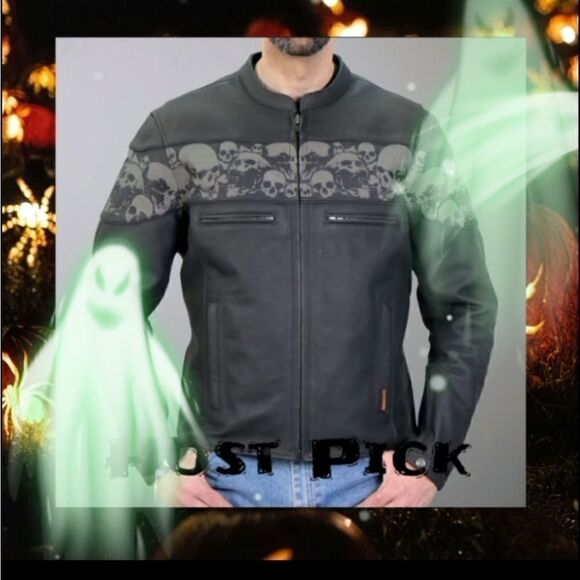 Men's Reflective Skull Leather Biker Jacket - Picture 1 of 9